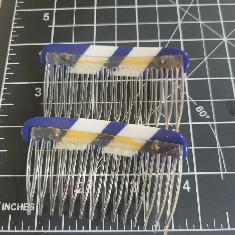 Vintage Made in USA Hair Side Combs Set of 2 Gold Silver Blue White Striped‎